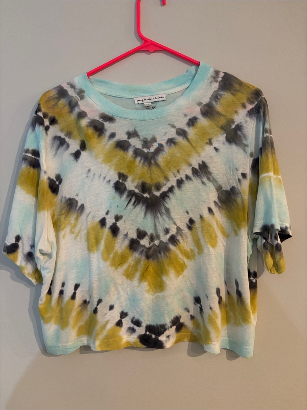Young Fabulous & Broke Tie-Dye V-Pattern Crop Top — Yellow, Black & Light Blue
